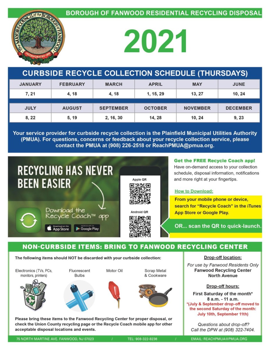 Teaneck Recycling Calendar 2022 2021 Recycling Calendar Released - Borough Of Fanwood